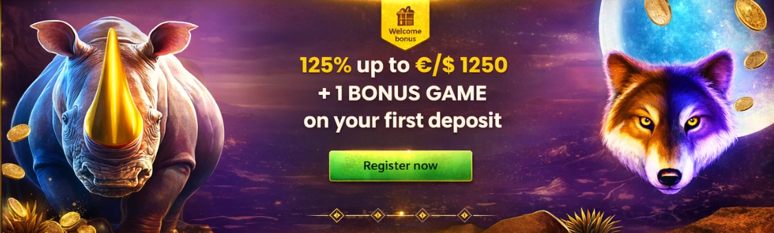 Casino website featuring a prominent rhino graphic alongside another rhino illustration, highlighting its unique branding.